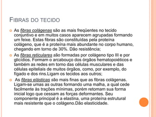 FIBRAS DO TECIDO
   As fibras colágenas são as mais freqüentes no tecido
    conjuntivo e em muitos casos aparecem agrupadas formando
    um feixe. Estas fibras são constituídas pela proteína
    colágeno, que é a proteína mais abundante no corpo humano,
    chegando em torno de 30%. Dão resistência;
   As fibras reticulares são formadas por colágeno tipo III e por
    glicídios. Formam o arcabouço dos órgãos hematopoiéticos e
    também as redes em torno das células musculares e das
    células epiteliais de muitos órgãos, como, por exemplo, do
    fígado e dos rins.Ligam os tecidos aos outros;
    As fibras elásticas são mais finas que as fibras colágenas.
    Ligam-se umas as outras formando uma malha, a qual cede
    facilmente às trações mínimas, porém retomam sua forma
    inicial logo que cessam as forças deformantes. Seu
    componente principal é a elastina, uma proteína estrutural
    mais resistente que o colágeno.Dão elasticidade.
 