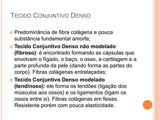 TECIDO CONJUNTIVO DENSO

 Predominância de fibra colágena e pouca
  substância fundamental amorfa;
 Tecido Conjuntivo Denso não modelado
  (fibroso): é encontrado formando as cápsulas que
  envolvem o fígado, o baço, o osso, a cartilagem e a
  parte profunda da pele (dando forma as partes do
  corpo). Fibras colágenas entrelaçadas;
 Tecido Conjuntivo Denso modelado
  (tendinoso): ele forma os tendões (ligação dos
  músculos aos ossos) e os ligamentos (ligam os
  ossos entre si). Fibras colágenas em feixes.
  Resistente porém com pouca elasticidade.
 