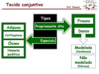 Tecido conjuntivo                   Prof. Emanuel




                   Tipos
                                              Frouxo
 Adiposo        Propriamente dito
                                               Denso
Cartilaginoso

                  Especiais
  Ósseo
                                            Modelado
 Hemato                                      (tendinoso)
 poiético
                                              Não
                                            modelado
                                               (fibroso)
 