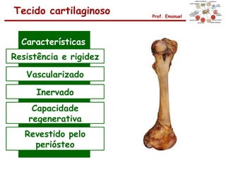 Tecido cartilaginoso    Prof. Emanuel




  Características
Resistência e rigidez

   Vascularizado

      Inervado
     Capacidade
    regenerativa
   Revestido pelo
     periósteo
 