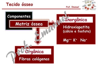 Tecido ósseo Prof. Emanuel
Componentes
Matriz óssea
Inorgânica
Hidroxiapatita
(cálcio e fosfato)
Mg++ K+ Na+
Orgânica
Fibras colágenas
 