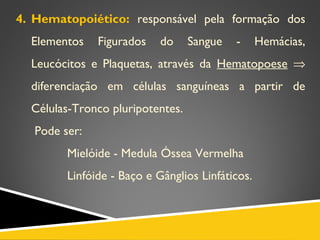 4. Hematopoiético: responsável pela formação dos
Elementos Figurados do Sangue - Hemácias,
Leucócitos e Plaquetas, através da Hematopoese ⇒
diferenciação em células sanguíneas a partir de
Células-Tronco pluripotentes.
Pode ser:
Mielóide - Medula Óssea Vermelha
Linfóide - Baço e Gânglios Linfáticos.
 
