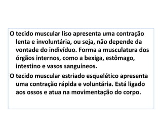 O tecido muscular liso apresenta uma contração
lenta e involuntária, ou seja, não depende da
vontade do indivíduo. Forma a musculatura dos
órgãos internos, como a bexiga, estômago,
intestino e vasos sanguíneos.
O tecido muscular estriado esquelético apresenta
uma contração rápida e voluntária. Está ligado
aos ossos e atua na movimentação do corpo.
 