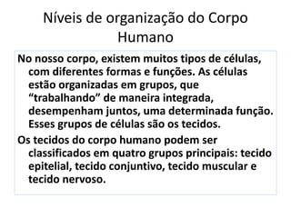 Níveis de organização do Corpo
Humano
No nosso corpo, existem muitos tipos de células,
com diferentes formas e funções. As células
estão organizadas em grupos, que
“trabalhando” de maneira integrada,
desempenham juntos, uma determinada função.
Esses grupos de células são os tecidos.
Os tecidos do corpo humano podem ser
classificados em quatro grupos principais: tecido
epitelial, tecido conjuntivo, tecido muscular e
tecido nervoso.
 