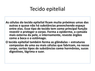 Tecido epitelial
As células do tecido epitelial ficam muito próximas umas das
outras e quase não há substâncias preenchendo espaço
entre elas. Esse tipo de tecido tem como principal função
revestir e proteger o corpo. Forma a epiderme, a camada
mais externa da pele, e internamente, reveste órgãos
como a boca e o estômago.
O tecido epitelial também forma as glândulas – estruturas
compostas de uma ou mais células que fabricam, no nosso
corpo, certos tipos de substâncias como hormônios, sucos
digestivos, lágrima e suor.
 