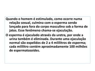 Quando o homem é estimulado, como ocorre numa
relação sexual, culmina com o esperma sendo
lançado para fora do corpo masculino sob a forma de
jatos. Esse fenômeno chama-se ejaculação.
O esperma é ejaculado através da uretra, por onde a
urina também é eliminada. Durante uma ejaculação
normal são expelidos de 2 a 4 mililitros de esperma;
cada mililitro contém aproximadamente 100 milhões
de espermatozoides.
 