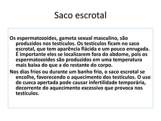 Saco escrotal
Os espermatozoides, gameta sexual masculino, são
produzidos nos testículos. Os testículos ficam no saco
escrotal, que tem aparência flácida e um pouco enrugada.
É importante eles se localizarem fora do abdome, pois os
espermatozoides são produzidos em uma temperatura
mais baixa do que a do restante do corpo.
Nos dias frios ou durante um banho frio, o saco escrotal se
encolhe, favorecendo o aquecimento dos testículos. O uso
de cueca apertada pode causar infertilidade temporária,
decorrente do aquecimento excessivo que provoca nos
testículos.
 