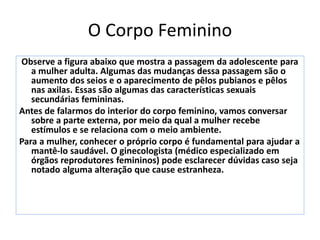 O Corpo Feminino
Observe a figura abaixo que mostra a passagem da adolescente para
a mulher adulta. Algumas das mudanças dessa passagem são o
aumento dos seios e o aparecimento de pêlos pubianos e pêlos
nas axilas. Essas são algumas das características sexuais
secundárias femininas.
Antes de falarmos do interior do corpo feminino, vamos conversar
sobre a parte externa, por meio da qual a mulher recebe
estímulos e se relaciona com o meio ambiente.
Para a mulher, conhecer o próprio corpo é fundamental para ajudar a
mantê-lo saudável. O ginecologista (médico especializado em
órgãos reprodutores femininos) pode esclarecer dúvidas caso seja
notado alguma alteração que cause estranheza.
 