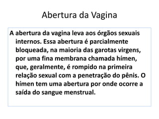 Abertura da Vagina
A abertura da vagina leva aos órgãos sexuais
internos. Essa abertura é parcialmente
bloqueada, na maioria das garotas virgens,
por uma fina membrana chamada hímen,
que, geralmente, é rompido na primeira
relação sexual com a penetração do pênis. O
hímen tem uma abertura por onde ocorre a
saída do sangue menstrual.
 
