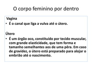 O corpo feminino por dentro
Vagina
• É o canal que liga a vulva até o útero.
Útero
• É um órgão oco, constituído por tecido muscular,
com grande elasticidade, que tem forma e
tamanho semelhantes aos de uma pêra. Em caso
de gravidez, o útero está preparado para alojar o
embrião até o nascimento.
 