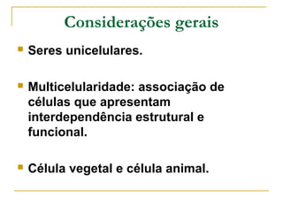 Considerações gerais
   Seres unicelulares.

   Multicelularidade: associação de
    células que apresentam
    interdependência estrutural e
    funcional.

   Célula vegetal e célula animal.
 