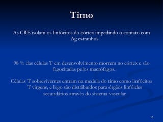 Timo As CRE isolam os linfócitos do córtex impedindo o contato com Ag estranhos 98 % das células T em desenvolvimento morrem no córtex e são fagocitadas pelos macrófagos.  Células T sobreviventes entram na medula do timo como linfócitos T virgens, e logo são distribuídos para órgãos linfóides secundários através do sistema vascular 