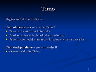 Timo Órgãos linfóides secundários Timo-dependentes  – contem células T  Zona paracortical dos linfonodos Bainhas periarteriais da polpa branca do baço  Periferia dos nódulos linfáticos das placas de Peyer e tonsilas Timo-independente  – contem células B Outros tecidos linfóides 