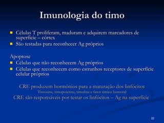 Imunologia do timo Células T proliferam, maduram e adquirem marcadores de superfície – córtex  São testadas para reconhecer Ag próprios  Apoptose  Células que não reconhecem Ag próprios  Células que reconhecem como estranhos receptores de superfície celular próprios CRE produzem hormônios para a maturação dos linfócitos Timosina, timopoietina, timulina e fator tímico humoral CRE são responsáveis por testar os linfócitos – Ag na superfície  