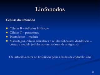 Linfonodos Células do linfonodo Células B – folículos linfáticos  Células T – paracórtex Plasmócitos – medula  Macrófagos, células reticulares e células foliculares dendríticas – córtex e medula (células apresentadoras de antígenos) Os linfócitos entra no linfonodo pelas vênulas de endotélio alto 