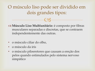 O músculo liso pode ser dividido em
dois grandes tipos:



 Músculo Liso Multiunitário: é composto por fibras
musculares separadas e discretas, que se contraem
independentemente das outras.
• o músculo ciliar do olho,
• o músculo da íris
• o músculo piloeretores que causam a ereção dos
pelos quando estimulados pelo sistema nervoso
simpático

 
