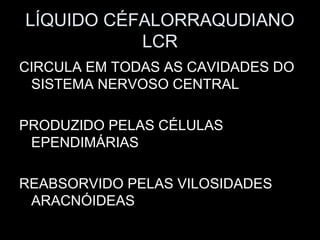LÍQUIDO CÉFALORRAQUDIANO
           LCR
CIRCULA EM TODAS AS CAVIDADES DO
 SISTEMA NERVOSO CENTRAL

PRODUZIDO PELAS CÉLULAS
 EPENDIMÁRIAS

REABSORVIDO PELAS VILOSIDADES
 ARACNÓIDEAS
 