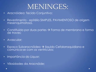 MENINGES:
• Aracnóidea: Tecido Conjuntivo;
• Revestimento - epitélio SIMPLES, PAVIMENTOSO de origem
mesenquimatosa.
• Constituida por duas partes  Forma de membrana e forma
de traves;
• Avascular;
• Espaço Subaracnóideo  liquido Cefalorraquidiano e
comunica-se com os ventrículos;
• Importância do Liquor;
• Vilosidades da Aracnóide;
 