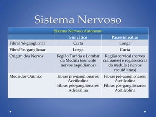 Sistema Nervoso
Simpático Parassimpático
Fibra Pré-ganglionar Curta Longa
Fibra Pós-ganglionar Longa Curta
Origem dos Nervos Região Torácia e Lombar
da Medula (somente
nervos raquidianos)
Região cervical (nervos
cranianos) e região sacral
da medula ( nervos
raquidianos)
Mediador Químico Fibras pré-ganglionares:
Acetilcolina
Fibras pós-ganglionares:
Adrenalina
Fibras pré-ganglionares:
Acetilcolina
Fibras pós-ganglionares:
Acetilcolina
Sistema Nervoso Autonomo
 