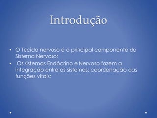 Introdução
• O Tecido nervoso é o principal componente do
Sistema Nervoso;
• Os sistemas Endócrino e Nervoso fazem a
integração entre os sistemas: coordenação das
funções vitais;
 