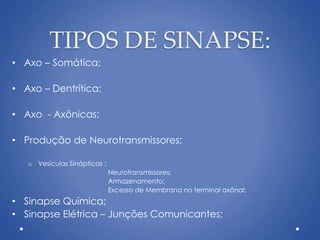 TIPOS DE SINAPSE:
• Axo – Somática;
• Axo – Dentrítica;
• Axo - Axônicas;
• Produção de Neurotransmissores;
o Vesículas Sinápticas :
Neurotransmissores;
Armazenamento;
Excesso de Membrana no terminal axônal;
• Sinapse Química;
• Sinapse Elétrica – Junções Comunicantes;
 