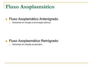 Fluxo Axoplasmático
 Fluxo Axoplamático Anterógrado:
 Nutrientes em direção à terminação axônica;
 Fluxo Axoplasmático Retrógrado:
 Nutrientes em direção ao pericário.
 