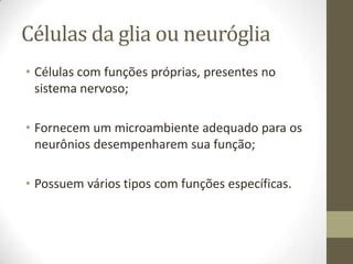 Células da glia ou neuróglia
• Células com funções próprias, presentes no
sistema nervoso;
• Fornecem um microambiente adequado para os
neurônios desempenharem sua função;
• Possuem vários tipos com funções específicas.
 