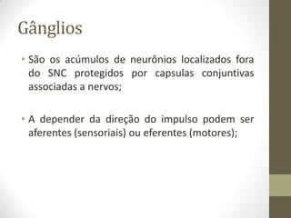 Gânglios
• São os acúmulos de neurônios localizados fora
do SNC protegidos por capsulas conjuntivas
associadas a nervos;
• A depender da direção do impulso podem ser
aferentes (sensoriais) ou eferentes (motores);
 