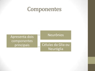 Componentes
Apresenta dois
componentes
principais
Neurônios
Células da Glia ou
Neuróglia
 
