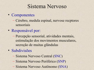 Sistema Nervoso Componentes Cérebro, medula espinal, nervose recptores sensoriais Responsável por: Percepção sensorial, atividades mentais, estimulação dos movimentos musculares, secreção de muitas glândulas Subdivisões Sistema Nervoso Central ( SNC ) Sistema Nervoso Periférico ( SNP ) Sistema Nervoso Autônomo ( SNA ) 
