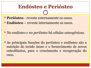 Endósteo e Periósteo
Periósteo - reveste externamente os ossos.
Endósteo – reveste internamente os ossos.
No endósteo e no periósteo há células osteogênicas.
As principais funções do periósteo e endósteo são a
nutrição do tecido ósseo e o fornecimento de novos
osteoblastos, para o crescimento e recuperação do
osso.
 