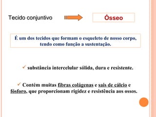 Tecido conjuntivo Ósseo Contém muitas  fibras colágenas  e  sais de cálcio  e  fósforo , que proporcionam rigidez e resistência aos ossos. É um dos tecidos que formam o esqueleto de nosso corpo, tendo como função a sustentação. substância intercelular sólida, dura e resistente. 