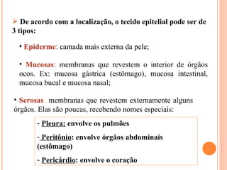 De acordo com a localização, o tecido epitelial pode ser de 3 tipos: Epiderme :  camada mais externa da pele; Mucosas :  membranas que revestem o interior de órgãos ocos. Ex: mucosa gástrica (estômago), mucosa intestinal, mucosa bucal e mucosa nasal; Serosas :  membranas que revestem externamente alguns órgãos. Elas são poucas, recebendo nomes especiais: Pleura:  envolve os pulmões Peritônio : envolve órgãos abdominais (estômago) Pericárdio : envolve o coração 