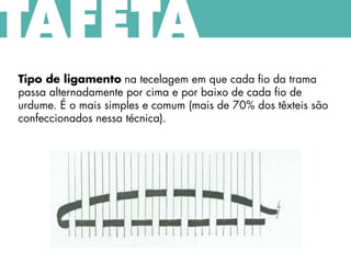 TAFETÁ
Tipo de ligamento na tecelagem em que cada fio da trama
passa alternadamente por cima e por baixo de cada fio de
urdume. É o mais simples e comum (mais de 70% dos têxteis são
confeccionados nessa técnica).
 