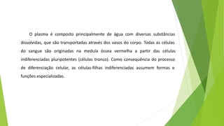O plasma é composto principalmente de água com diversas substâncias
dissolvidas, que são transportadas através dos vasos do corpo. Todas as células
do sangue são originadas na medula óssea vermelha a partir das células
indiferenciadas pluripotentes (células tronco). Como consequência do processo
de diferenciação celular, as células-filhas indiferenciadas assumem formas e
funções especializadas.
 