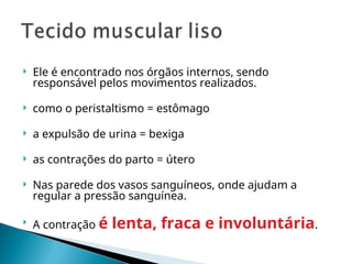  Ele é encontrado nos órgãos internos, sendo
responsável pelos movimentos realizados.
 como o peristaltismo = estômago
 a expulsão de urina = bexiga
 as contrações do parto = útero
 Nas parede dos vasos sanguíneos, onde ajudam a
regular a pressão sanguínea.
 A contração é lenta, fraca e involuntária.
 