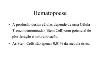 A produção destas células depende de uma Célula Tronco denominada ( Stem Cell) com potencial de ploriferação e autorenovação. As Stem Cells são apenas 0,01% da medula óssea Hematopoese 
