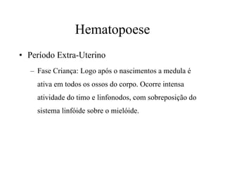 Hematopoese Período Extra-Uterino Fase Criança: Logo após o nascimentos a medula é ativa em todos os ossos do corpo. Ocorre intensa atividade do timo e linfonodos, com sobreposição do sistema linfóide sobre o mielóide. 
