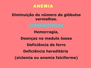 ANEMIA
Diminuição do número de glóbulos
vermelhos.
CONSEQUÊNCIAS
Hemorragia,
Doenças na medula óssea
Deficiência de ferro
Deficiência hereditária
(siclemia ou anemia falciforme)
 