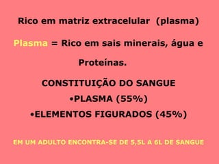 Rico em matriz extracelular (plasma)
Plasma = Rico em sais minerais, água e
Proteínas.
CONSTITUIÇÃO DO SANGUE
•PLASMA (55%)
•ELEMENTOS FIGURADOS (45%)
EM UM ADULTO ENCONTRA-SE DE 5,5L A 6L DE SANGUE
 