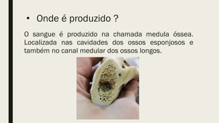 • Onde é produzido ?
O sangue é produzido na chamada medula óssea.
Localizada nas cavidades dos ossos esponjosos e
também no canal medular dos ossos longos.
 