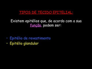 TIPOS DE TECIDO EPITELIAL:
Existem epitélios que, de acordo com a sua
função, podem ser:
• Epitélio de revestimento
• Epitélio glandular
 