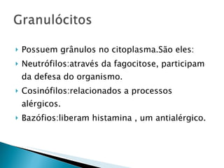 Possuem grânulos no citoplasma.São eles: Neutrófilos:através da fagocitose, participam da defesa do organismo. Cosinófilos:relacionados a processos alérgicos. Bazófios:liberam histamina , um antialérgico. 