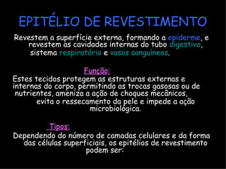 EPITÉLIO DE REVESTIMENTO
Revestem a superfície externa, formando a epiderme, e
revestem as cavidades internas do tubo digestivo,
sistema respiratório e vasos sanguíneos.
Função:
Estes tecidos protegem as estruturas externas e
internas do corpo, permitindo as trocas gasosas ou de
nutrientes, ameniza a ação de choques mecânicos,
evita o ressecamento da pele e impede a ação
microbiológica.
Tipos:
Dependendo do número de camadas celulares e da forma
das células superficiais, os epitélios de revestimento
podem ser:
 