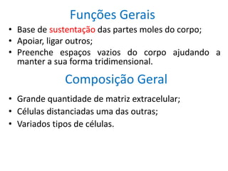 Funções Gerais
• Base de sustentação das partes moles do corpo;
• Apoiar, ligar outros;
• Preenche espaços vazios do corpo ajudando a
manter a sua forma tridimensional.
• Grande quantidade de matriz extracelular;
• Células distanciadas uma das outras;
• Variados tipos de células.
Composição Geral
 