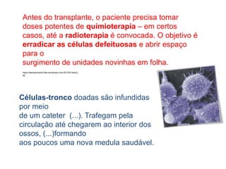 Antes do transplante, o paciente precisa tomar
doses potentes de quimioterapia – em certos
casos, até a radioterapia é convocada. O objetivo é
erradicar as células defeituosas e abrir espaço
para o
surgimento de unidades novinhas em folha.
Células-tronco doadas são infundidas
por meio
de um cateter (...). Trafegam pela
circulação até chegarem ao interior dos
ossos, (...)formando
aos poucos uma nova medula saudável.
https://diariodomanto.files.wordpress.com/2013/01/adult.j
pg
 