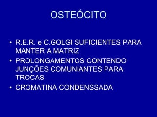 OSTEÓCITO

• R.E.R. e C.GOLGI SUFICIENTES PARA
  MANTER A MATRIZ
• PROLONGAMENTOS CONTENDO
  JUNÇÕES COMUNIANTES PARA
  TROCAS
• CROMATINA CONDENSSADA
 