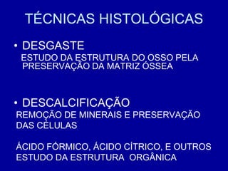 TÉCNICAS HISTOLÓGICAS
• DESGASTE
 ESTUDO DA ESTRUTURA DO OSSO PELA
 PRESERVAÇÃO DA MATRIZ ÓSSEA



• DESCALCIFICAÇÃO
REMOÇÃO DE MINERAIS E PRESERVAÇÃO
DAS CÉLULAS

ÁCIDO FÓRMICO, ÁCIDO CÍTRICO, E OUTROS
ESTUDO DA ESTRUTURA ORGÂNICA
 