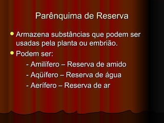Armazena substâncias que podem serArmazena substâncias que podem ser
usadas pela planta ou embrião.usadas pela planta ou embrião.
Podem ser:Podem ser:
- Amilífero – Reserva de amido- Amilífero – Reserva de amido
- Aqüífero – Reserva de água- Aqüífero – Reserva de água
- Aerífero – Reserva de ar- Aerífero – Reserva de ar
Parênquima de ReservaParênquima de Reserva
 