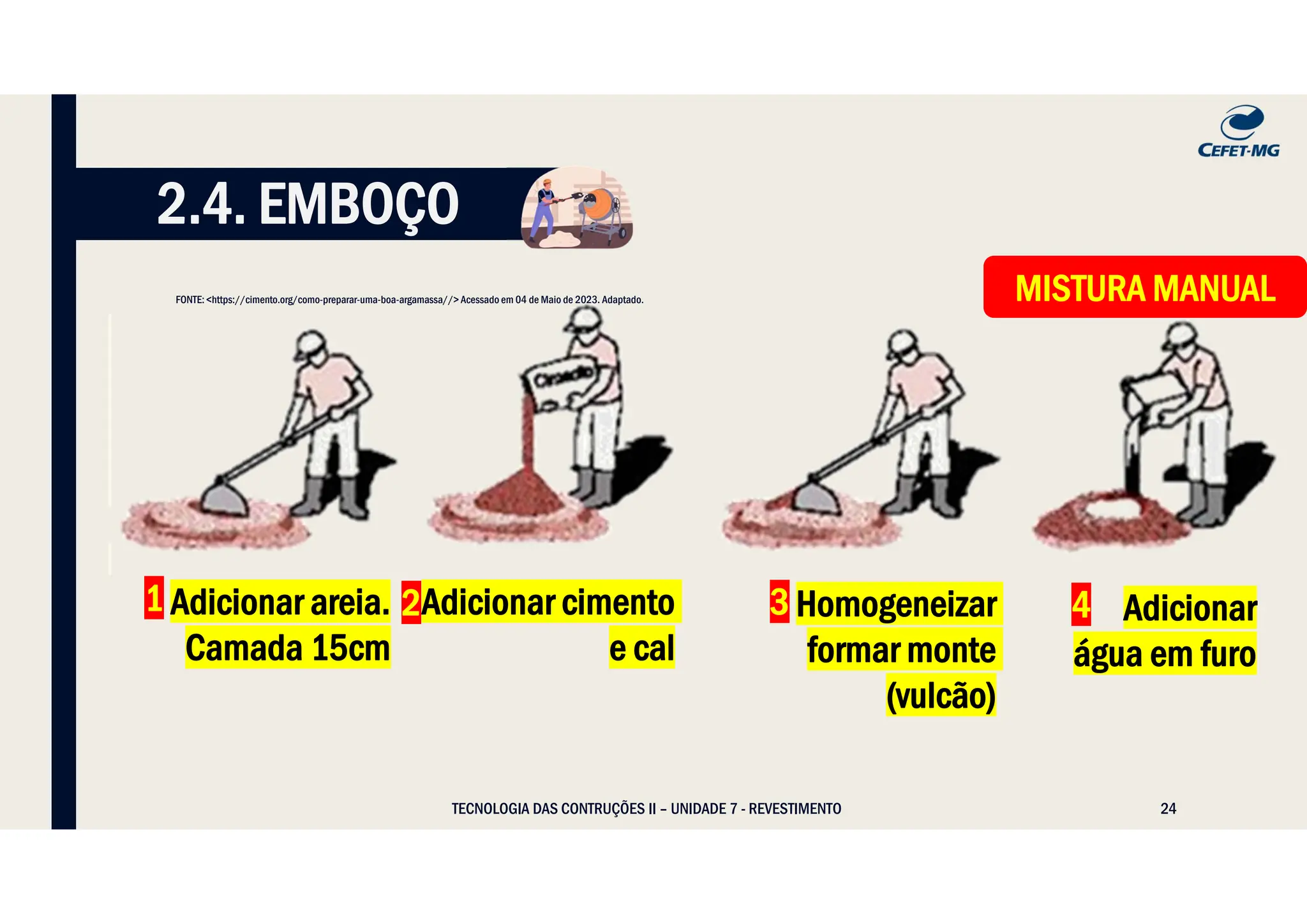 24
TECNOLOGIA DAS CONTRUÇÕES II – UNIDADE 7 - REVESTIMENTO
2.4. EMBOÇO
1 Adicionar areia.
Camada 15cm
2
Adicionar cimento
e cal
Homogeneizar
formar monte
(vulcão)
3 4 Adicionar
água em furo
FONTE: <https://cimento.org/como-preparar-uma-boa-argamassa//> Acessado em 04 de Maio de 2023. Adaptado.
2
MISTURA MANUAL
MISTURA MANUAL
 
